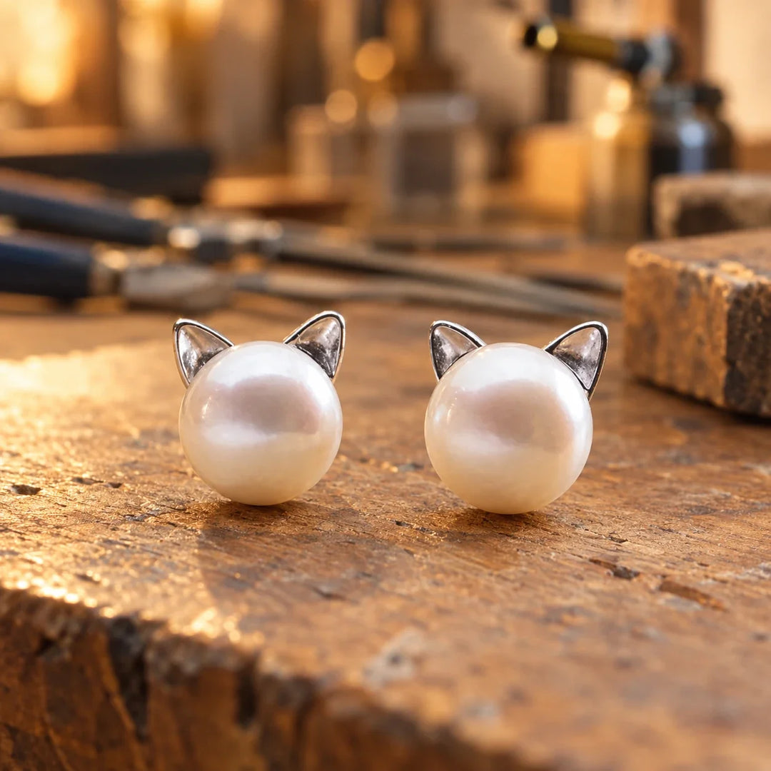 Sterling Silver Cat Pearl Stud Earrings 1