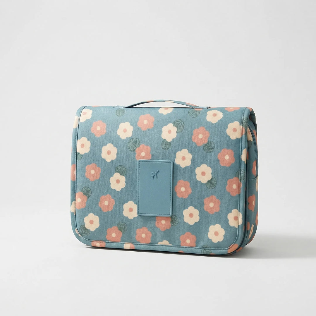 Hanging Toiletry Bag - For Women - Water-Repellent - Built-In Hook - Compact Fold-Over - Floral Print
