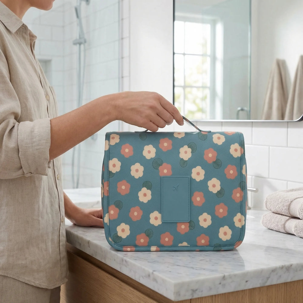 Hanging Toiletry Bag - For Women - Water-Repellent - Built-In Hook - Compact Fold-Over - Floral Print
