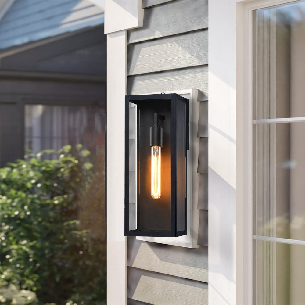 Modern Black Outdoor Wall Lantern with Clear Glass, Dusk to Dawn Sensor 9