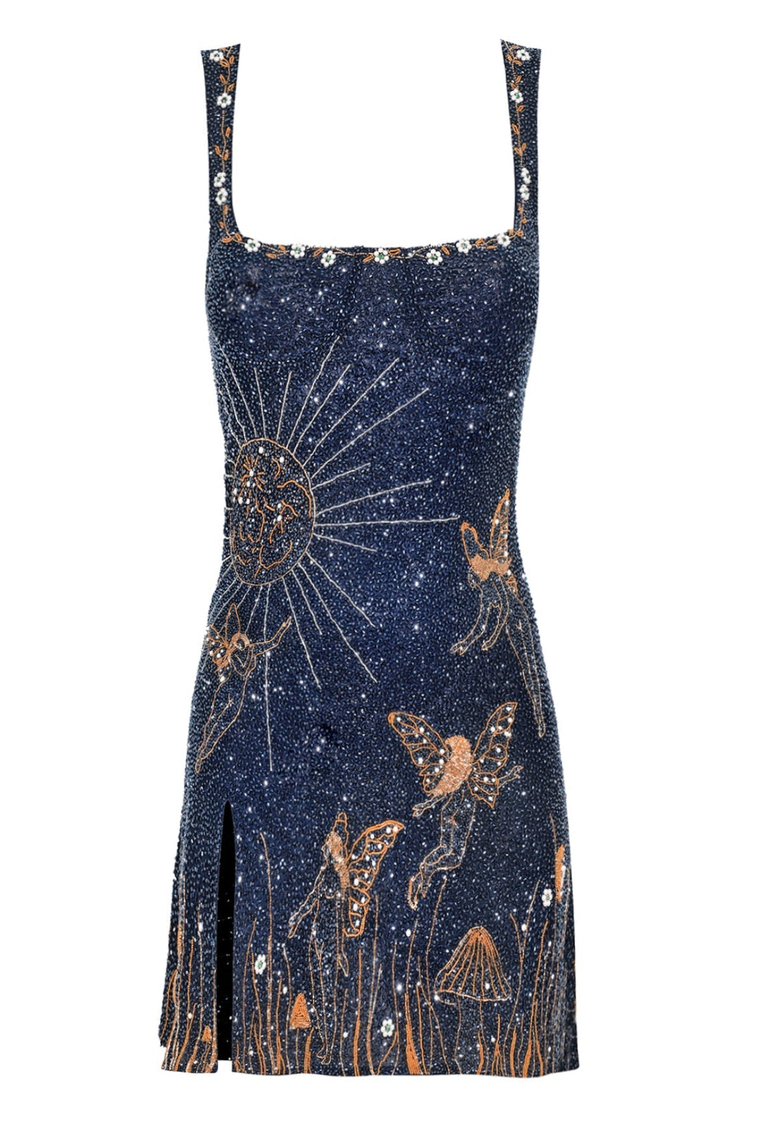 Midnight Blue Beaded Mini Dress with Gold Night-Sky Details 5