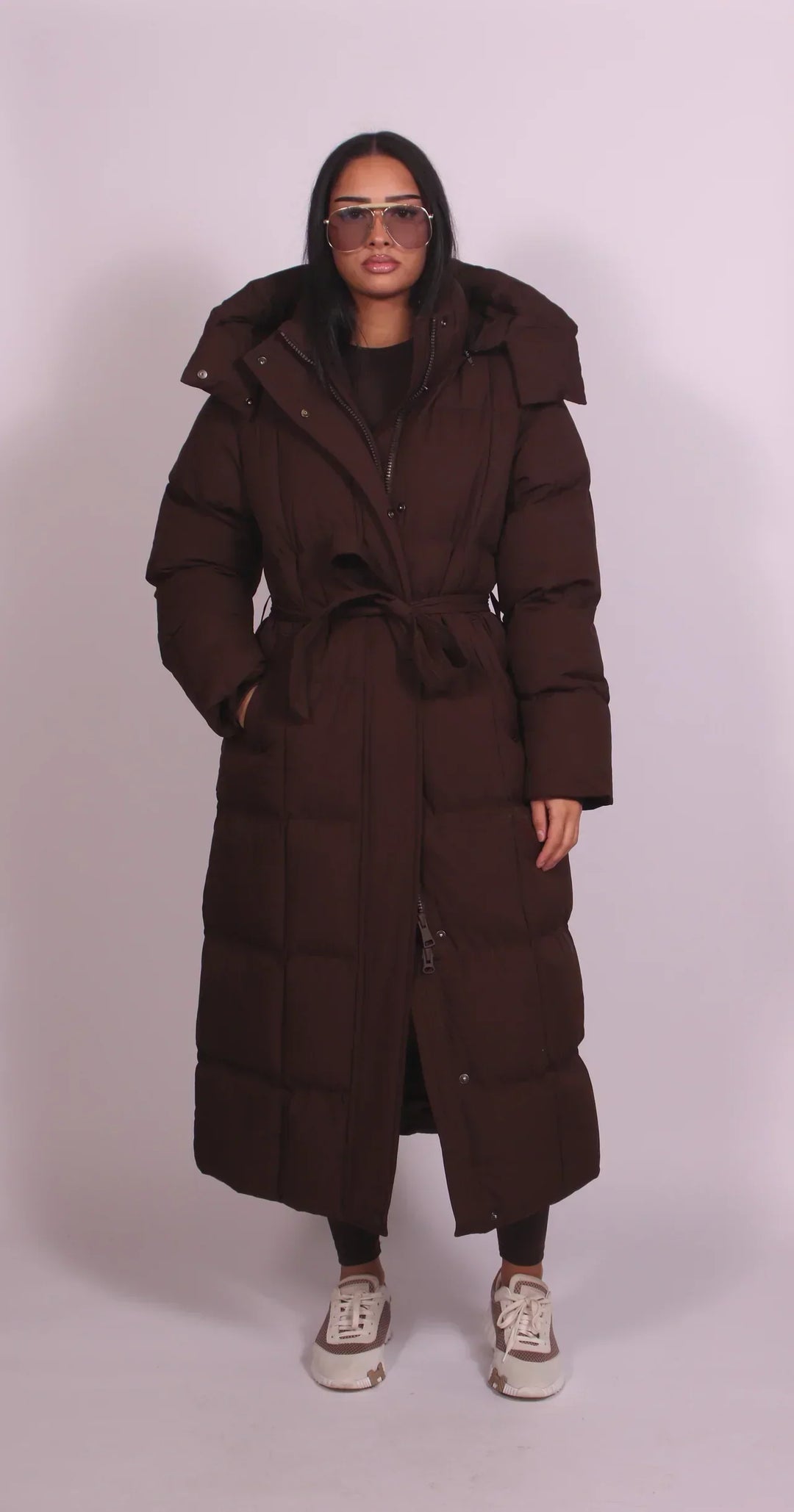 Long Belted Puffer Coat for Women with Hood 1