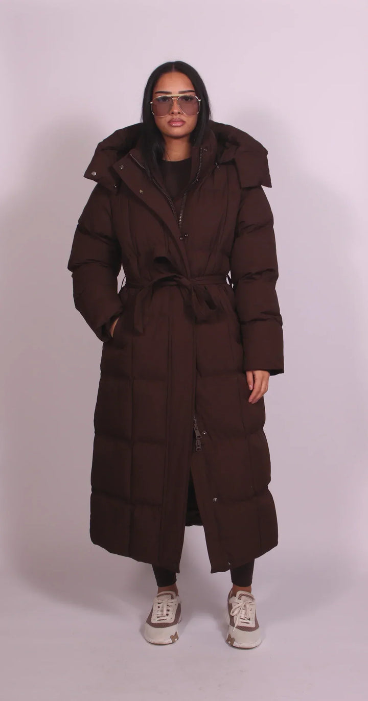 Long Belted Puffer Coat for Women with Hood 1