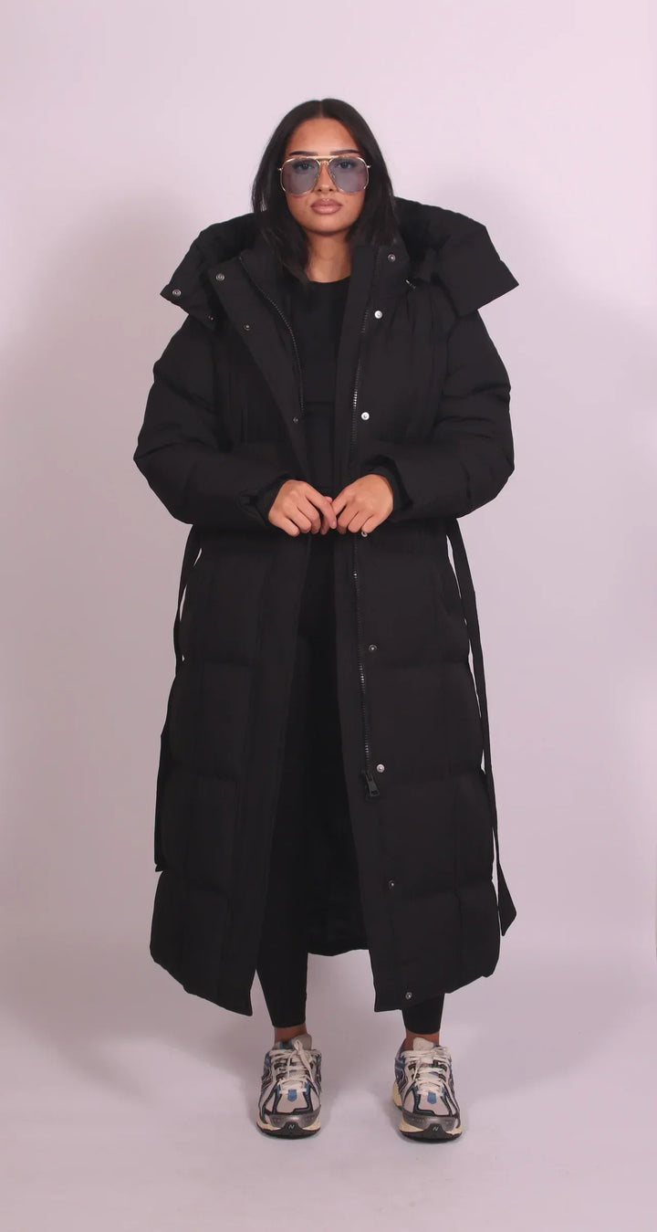 Long Belted Puffer Coat for Women with Hood 2