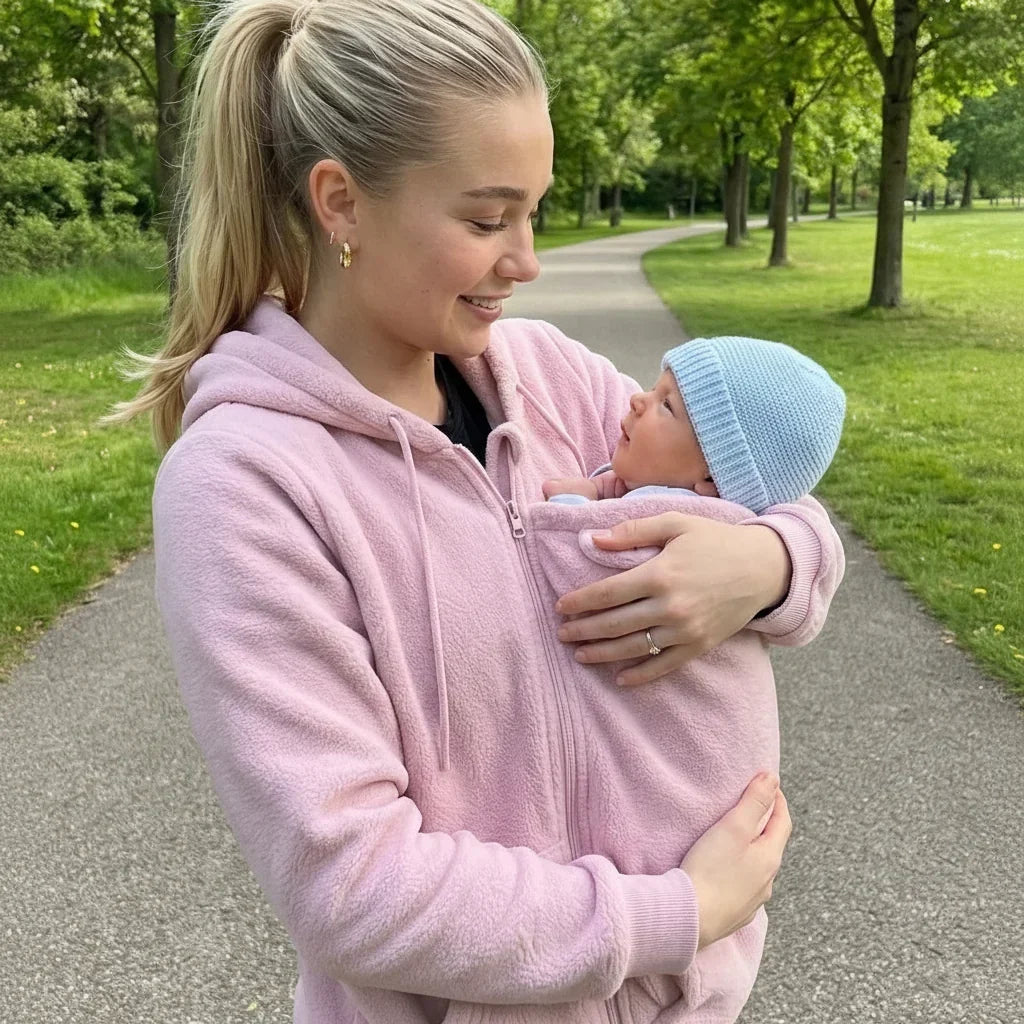 Cozy Sherpa Fleece Hoodie with Removable Zip-On Baby Carrier Panel 4
