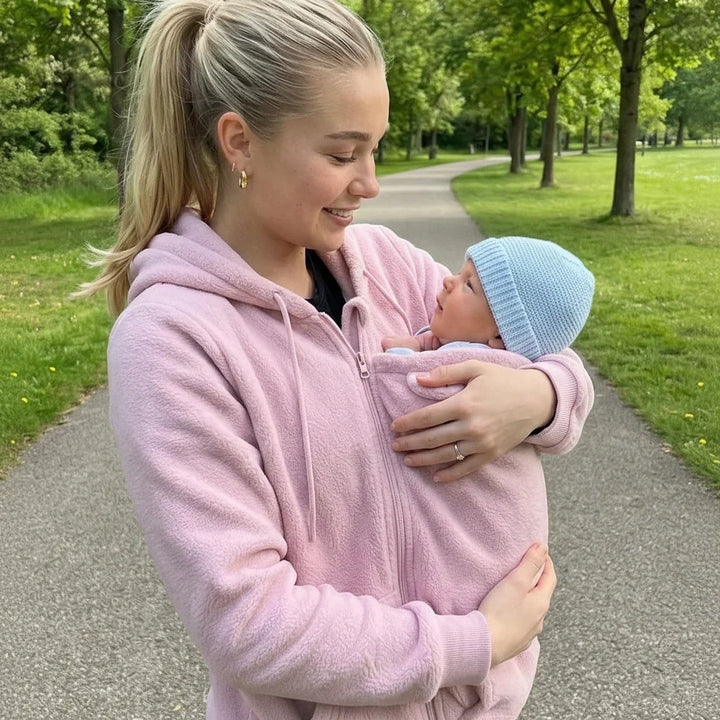 Cozy Sherpa Fleece Hoodie with Removable Zip-On Baby Carrier Panel 4