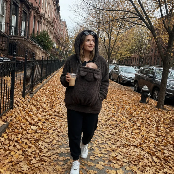 Cozy Sherpa Fleece Hoodie with Removable Zip-On Baby Carrier Panel 5