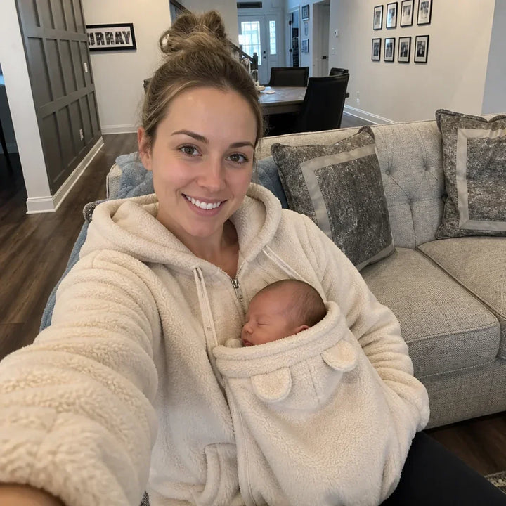 Cozy Sherpa Fleece Hoodie with Removable Zip-On Baby Carrier Panel 3
