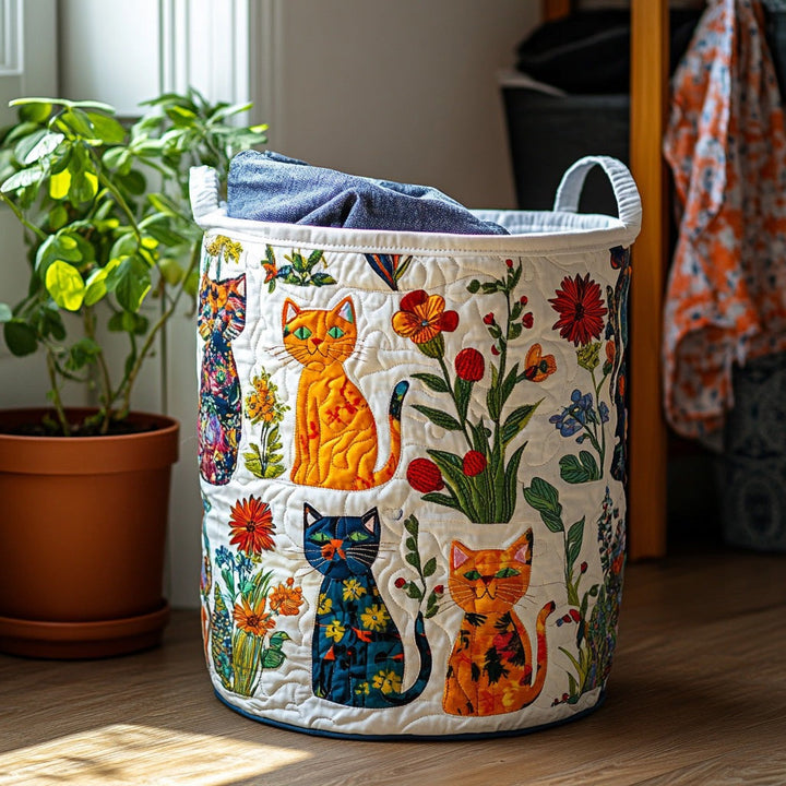 Quilted Cat Garden Laundry Basket – Foldable Self-Standing Hamper with Handles 1