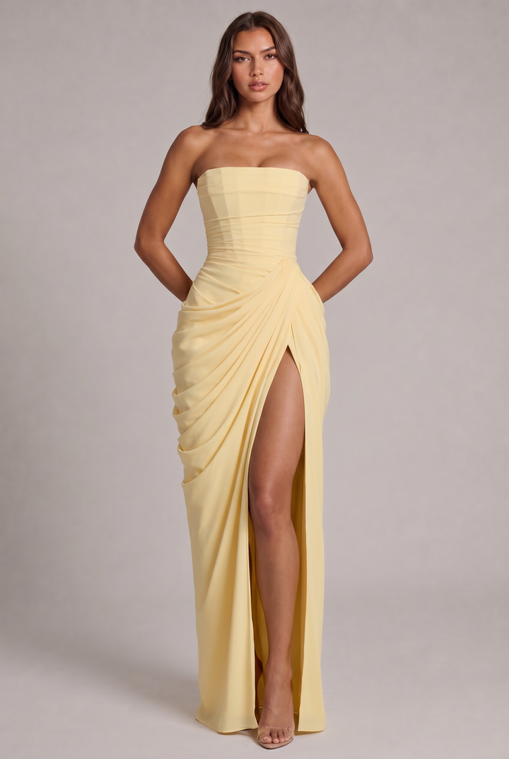 Chiffon Strapless Maxi Dress with Corset Bodice and High Leg Slit 1