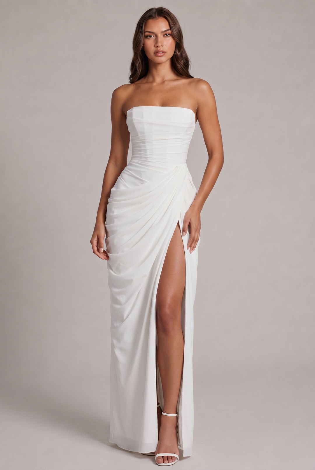 Chiffon Strapless Maxi Dress with Corset Bodice and High Leg Slit 17