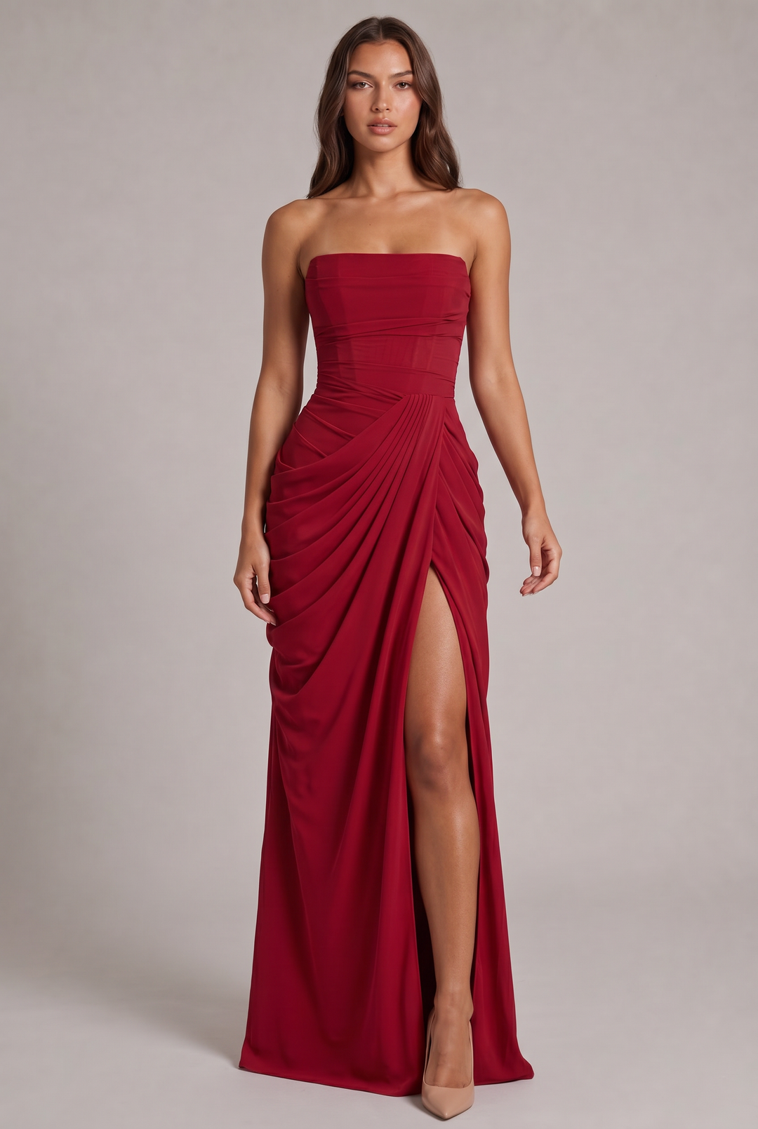 Chiffon Strapless Maxi Dress with Corset Bodice and High Leg Slit 21