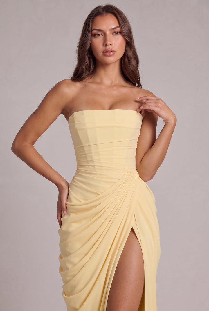 Chiffon Strapless Maxi Dress with Corset Bodice and High Leg Slit 2