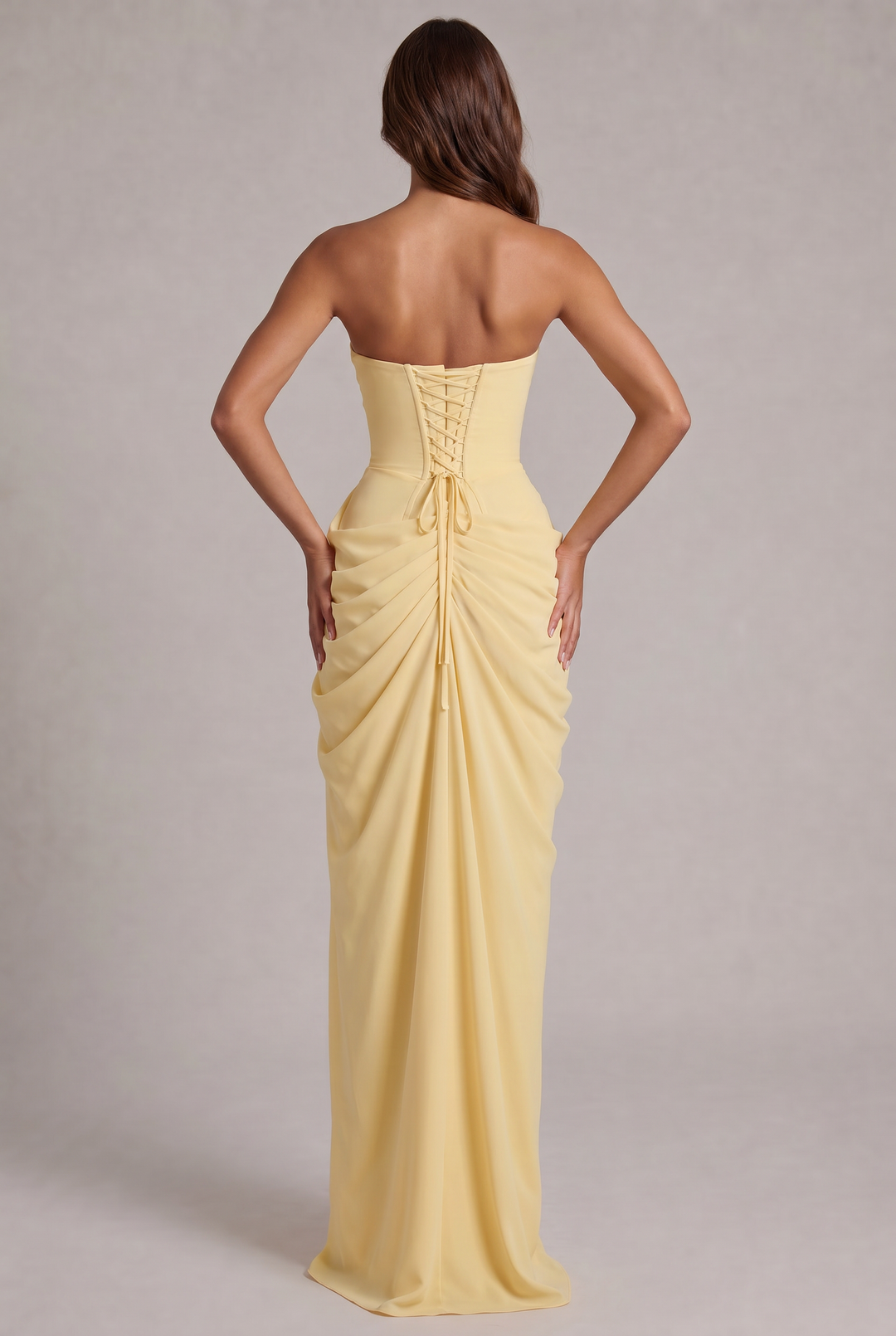 Chiffon Strapless Maxi Dress with Corset Bodice and High Leg Slit 4