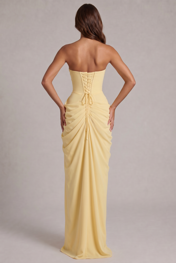 Chiffon Strapless Maxi Dress with Corset Bodice and High Leg Slit 4