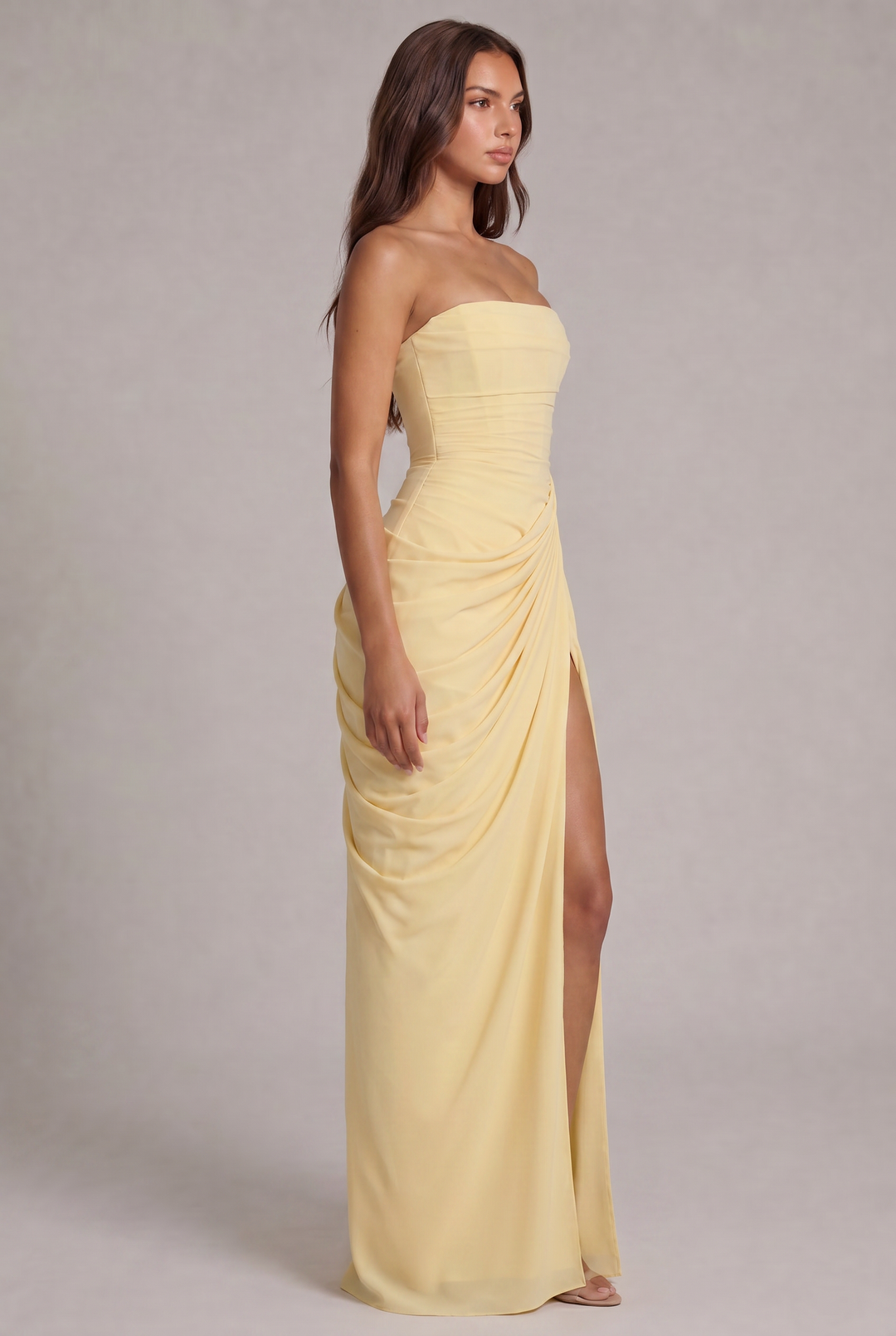 Chiffon Strapless Maxi Dress with Corset Bodice and High Leg Slit 3