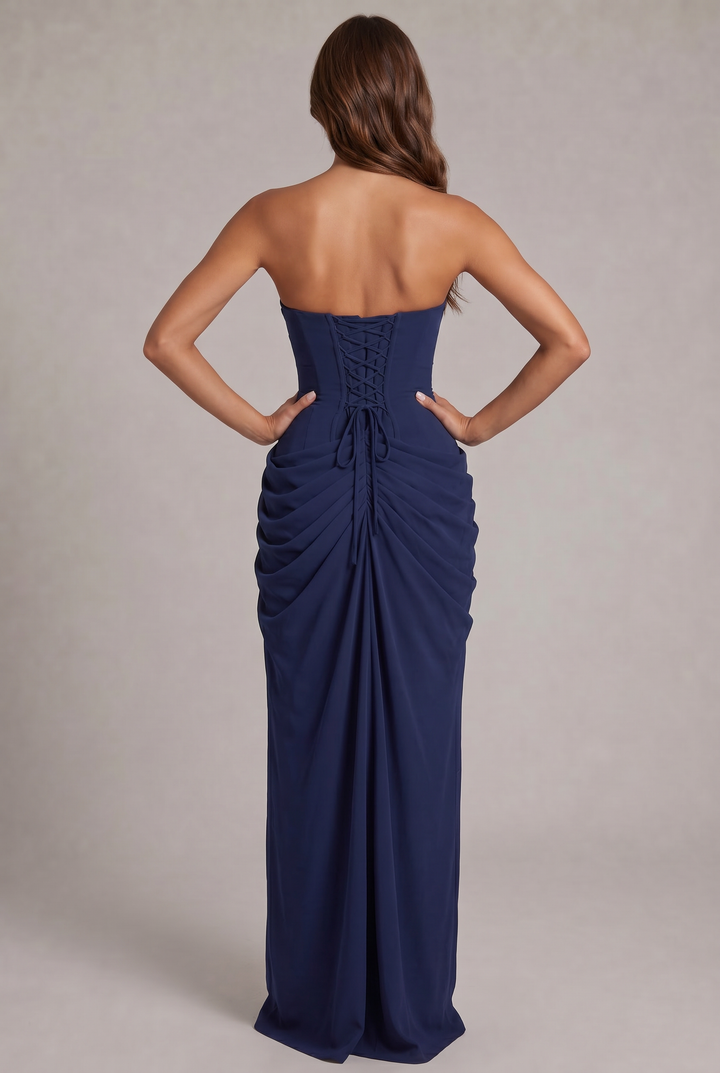 Chiffon Strapless Maxi Dress with Corset Bodice and High Leg Slit 16
