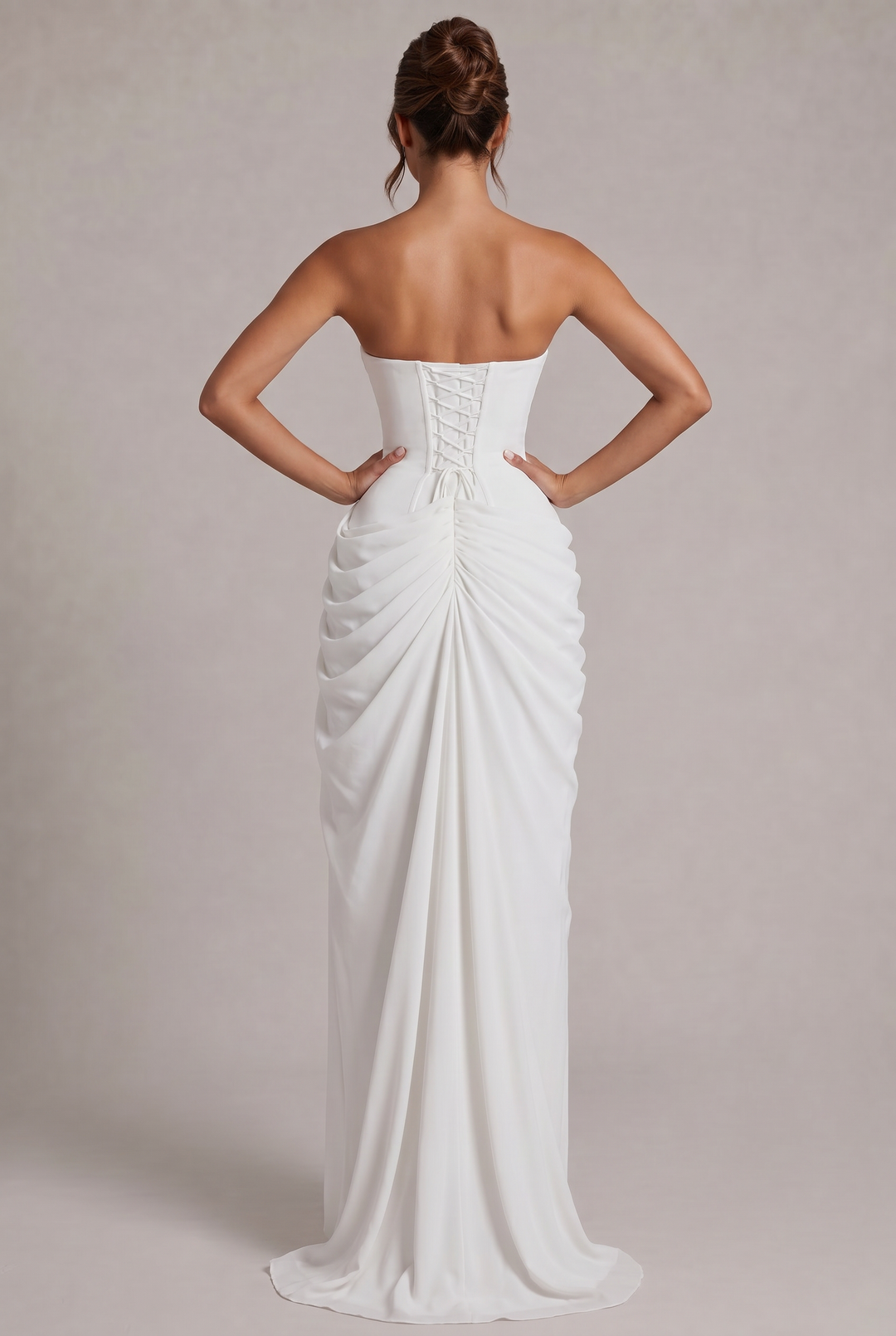 Chiffon Strapless Maxi Dress with Corset Bodice and High Leg Slit 20