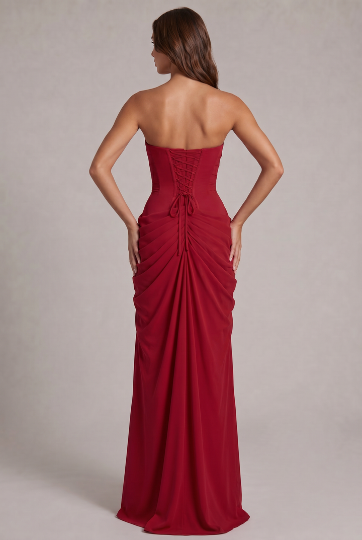 Chiffon Strapless Maxi Dress with Corset Bodice and High Leg Slit 24
