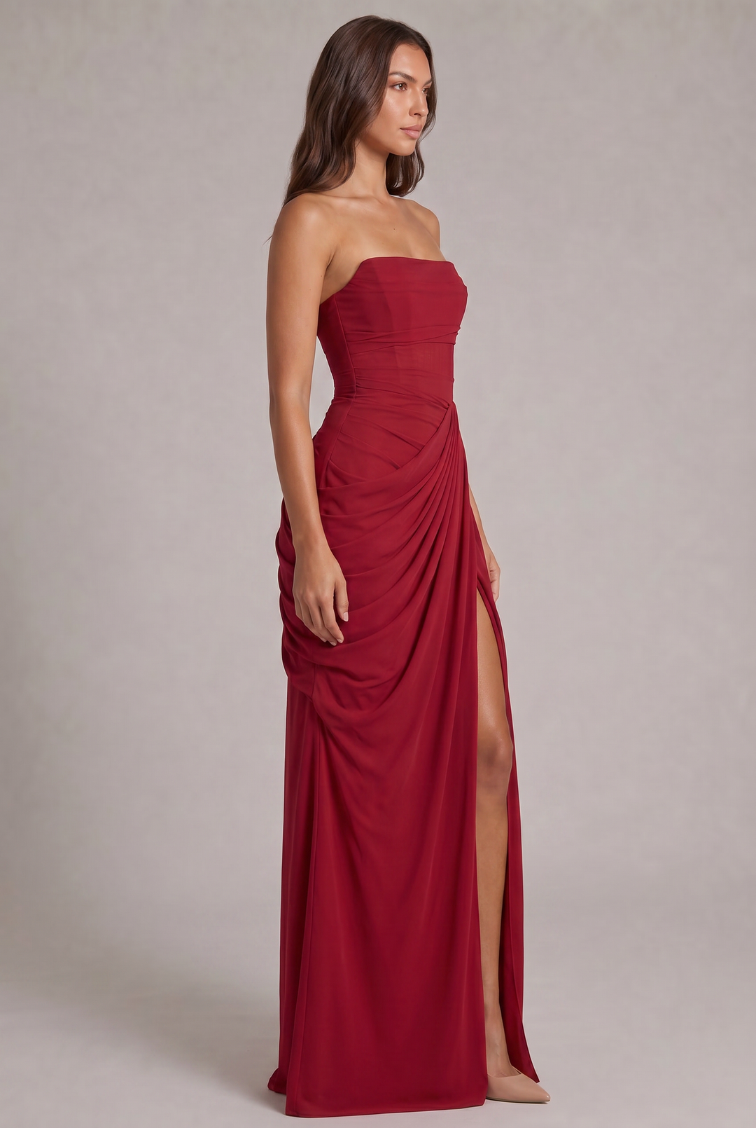 Chiffon Strapless Maxi Dress with Corset Bodice and High Leg Slit 23