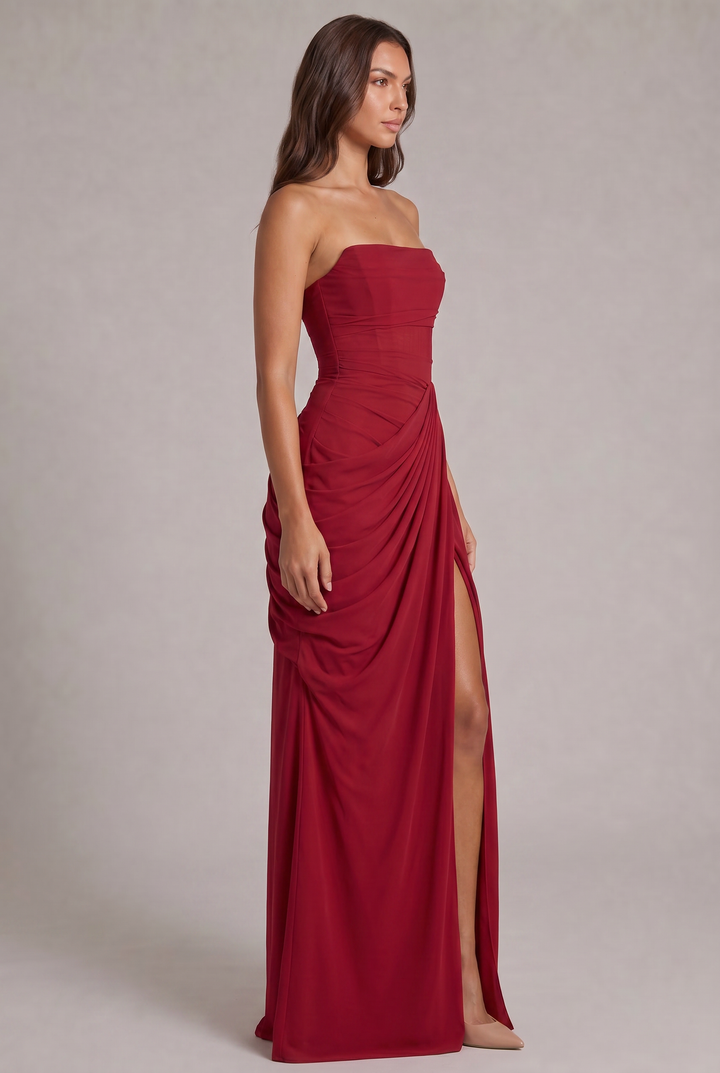 Chiffon Strapless Maxi Dress with Corset Bodice and High Leg Slit 23