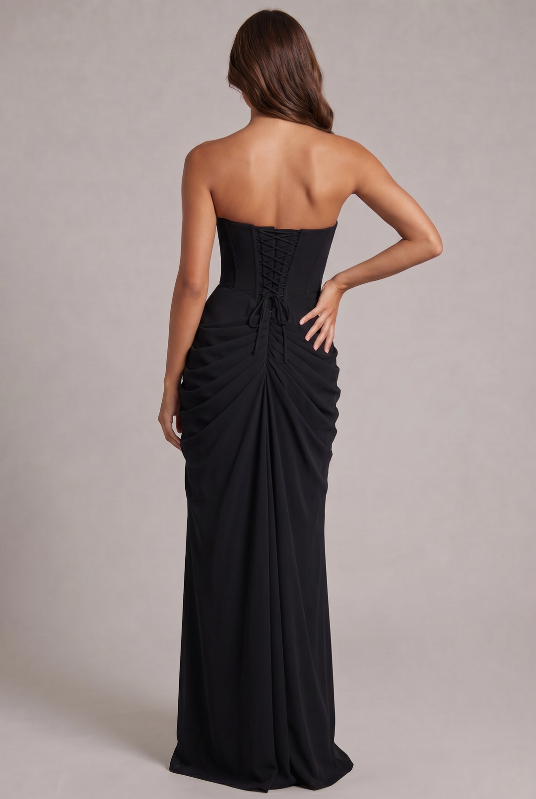 Chiffon Strapless Maxi Dress with Corset Bodice and High Leg Slit 28