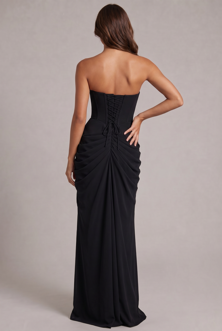 Chiffon Strapless Maxi Dress with Corset Bodice and High Leg Slit 28