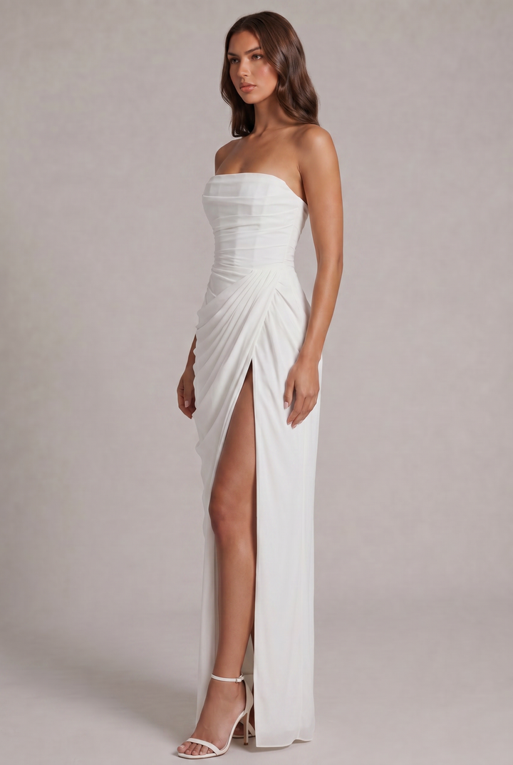 Chiffon Strapless Maxi Dress with Corset Bodice and High Leg Slit 19