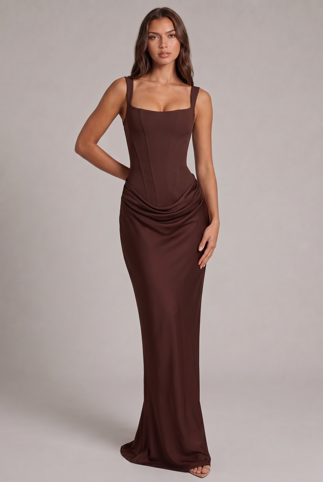 Maxi Dress with Structured Corset Bodice and Square Neckline 1