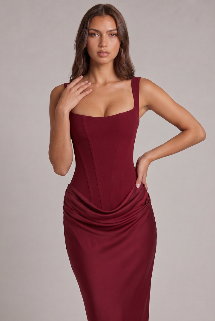 Maxi Dress with Structured Corset Bodice and Square Neckline 18