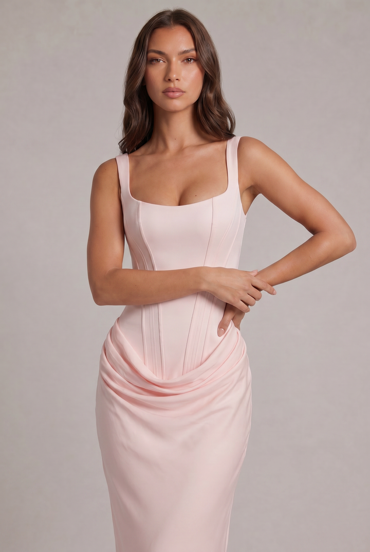 Maxi Dress with Structured Corset Bodice and Square Neckline 26