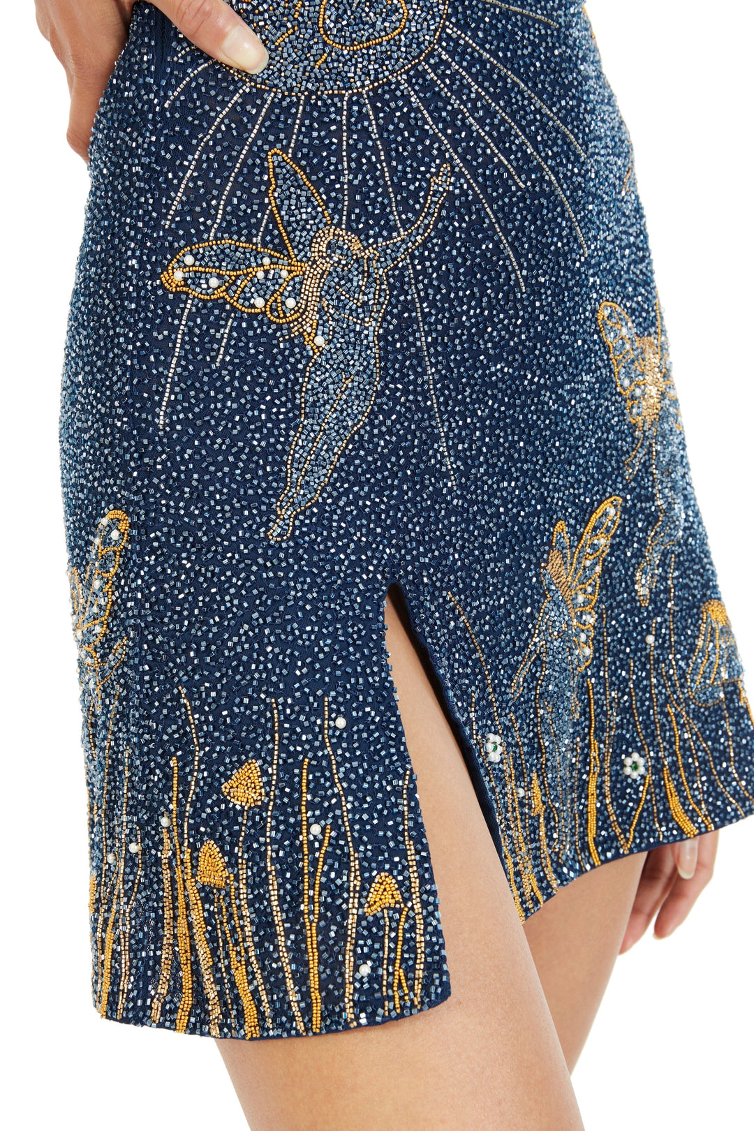 Midnight Blue Beaded Mini Dress with Gold Night-Sky Details 4