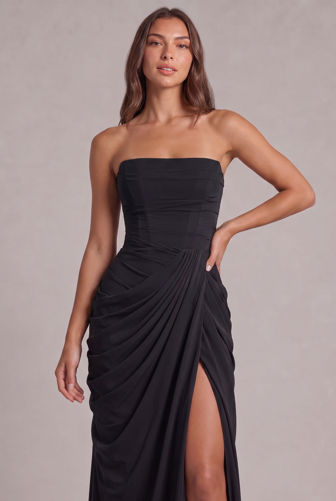 Chiffon Strapless Maxi Dress with Corset Bodice and High Leg Slit 26
