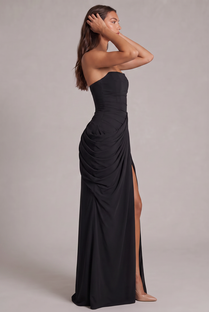 Chiffon Strapless Maxi Dress with Corset Bodice and High Leg Slit 27