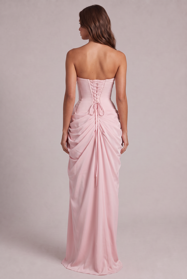 Chiffon Strapless Maxi Dress with Corset Bodice and High Leg Slit 8