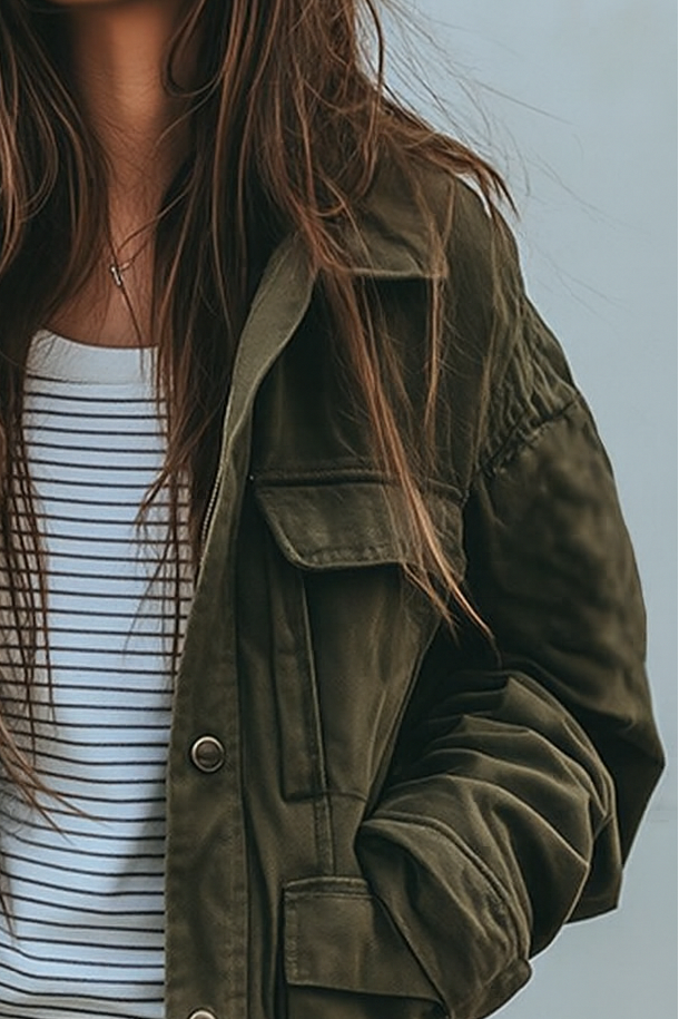 Women's Utility Jacket in Green, Relaxed Fit Military Style with Pockets 2
