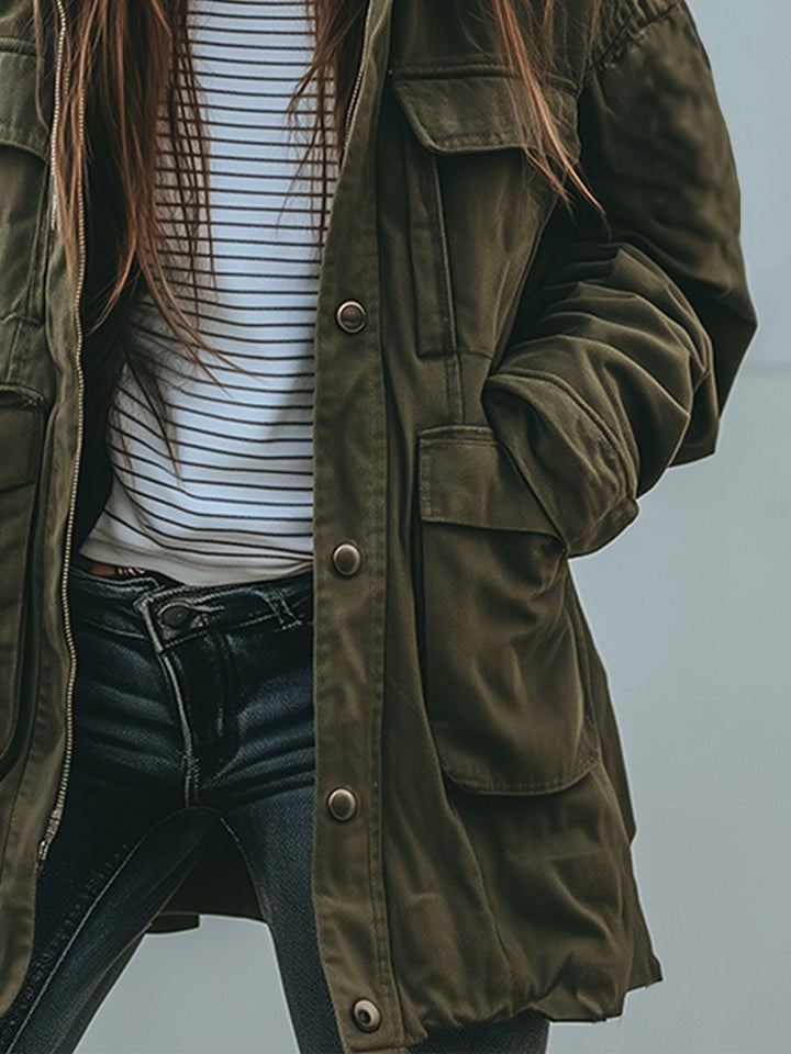 Women's Utility Jacket in Green, Relaxed Fit Military Style with Pockets 3