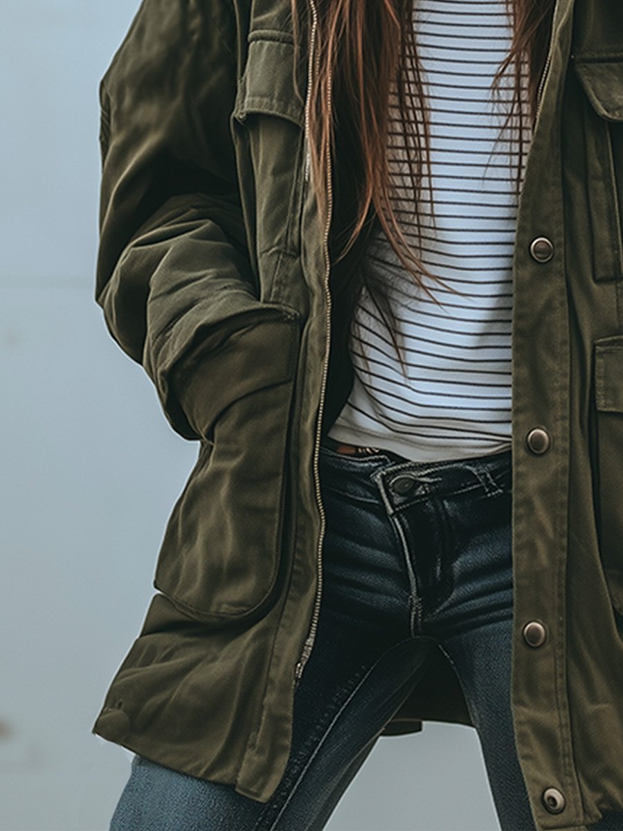 Women's Utility Jacket in Green, Relaxed Fit Military Style with Pockets 4