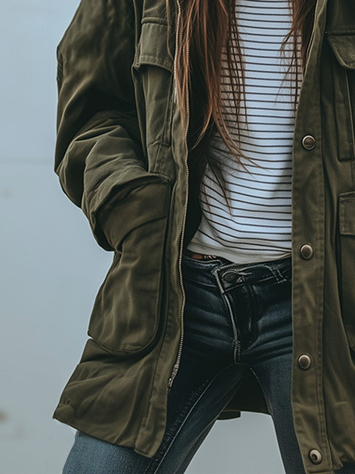 Women's Utility Jacket in Green, Relaxed Fit Military Style with Pockets 4