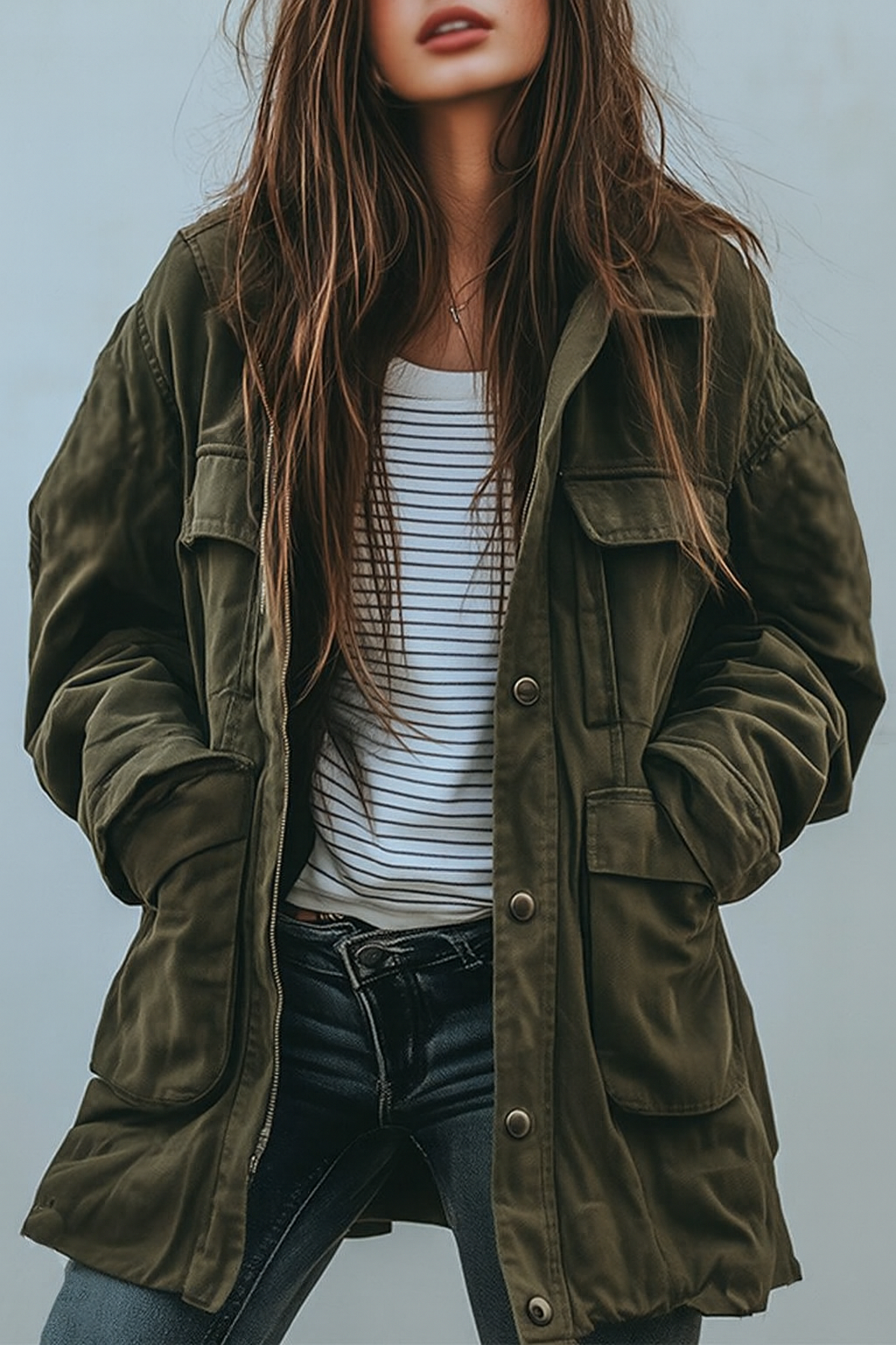 Women's Utility Jacket in Green, Relaxed Fit Military Style with Pockets 1