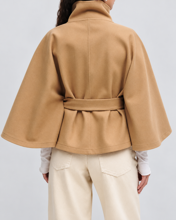 Women's Wool Blend Belted Cape Coat with High Collar and Button Front 1