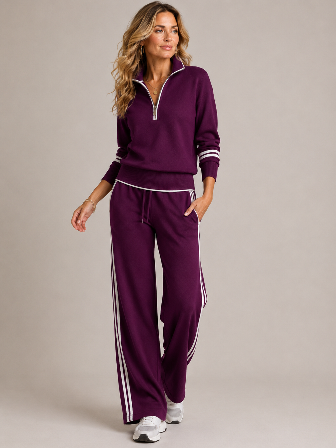 Knitted Two-Piece Set with Quarter-Zip Sweater and Wide-Leg Pants 2
