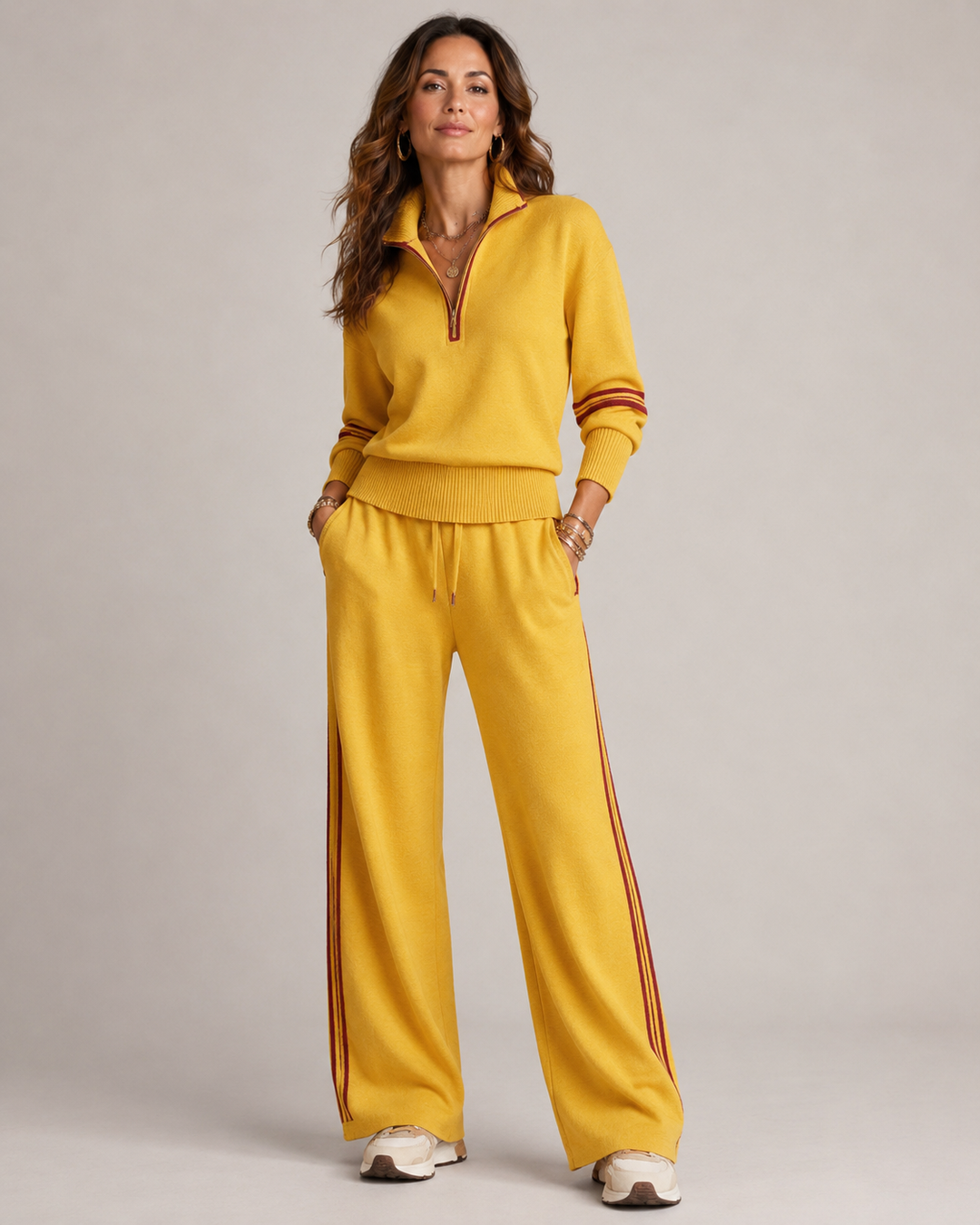 Knitted Two-Piece Set with Quarter-Zip Sweater and Wide-Leg Pants 3
