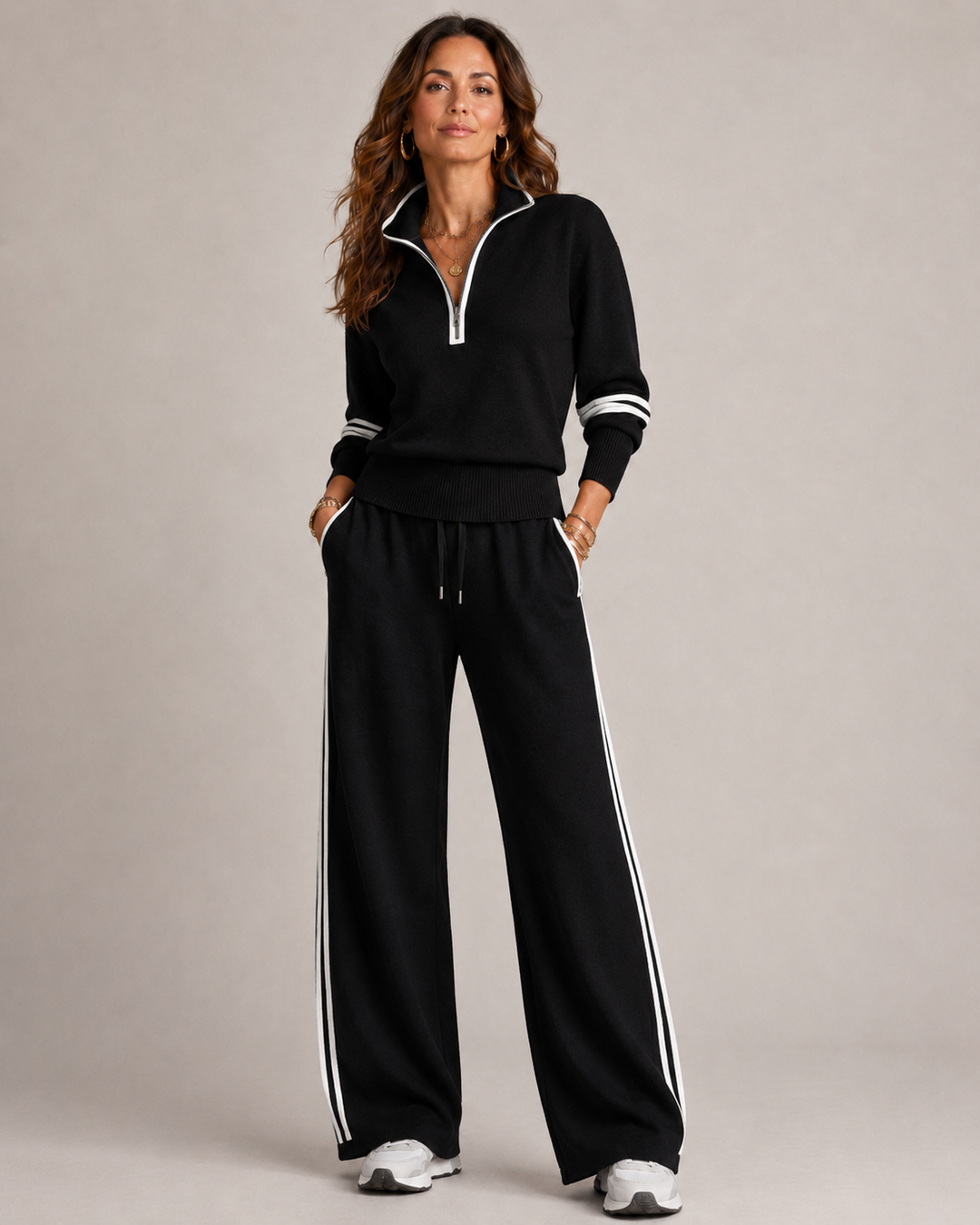 Knitted Two-Piece Set with Quarter-Zip Sweater and Wide-Leg Pants 5