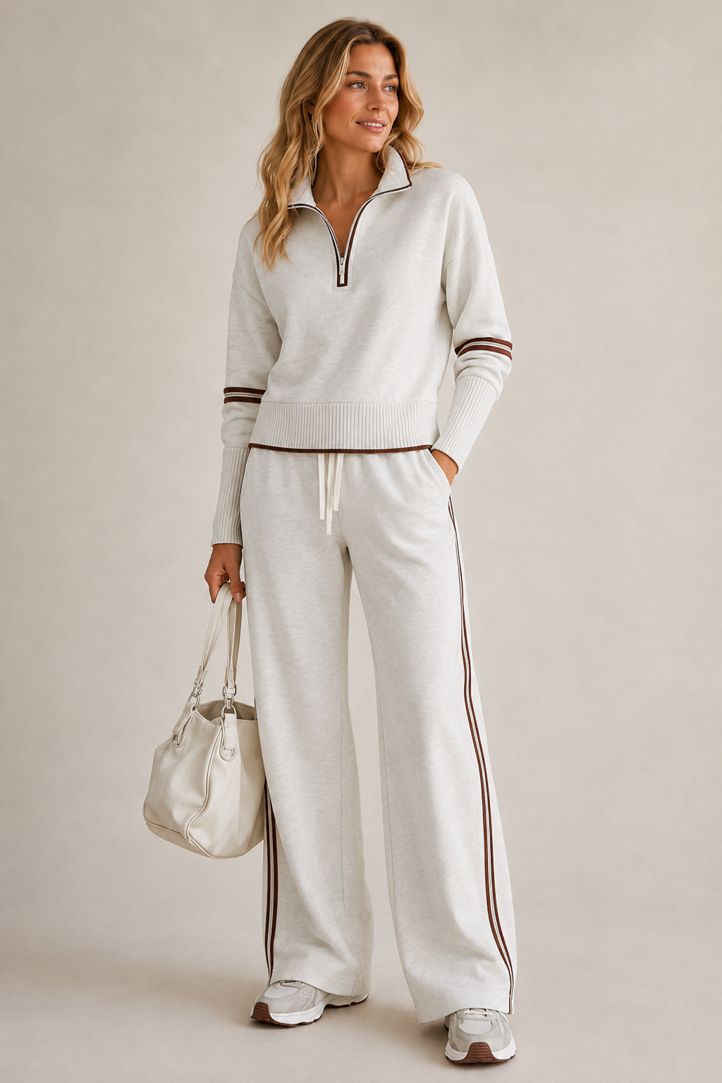 Knitted Two-Piece Set with Quarter-Zip Sweater and Wide-Leg Pants 1