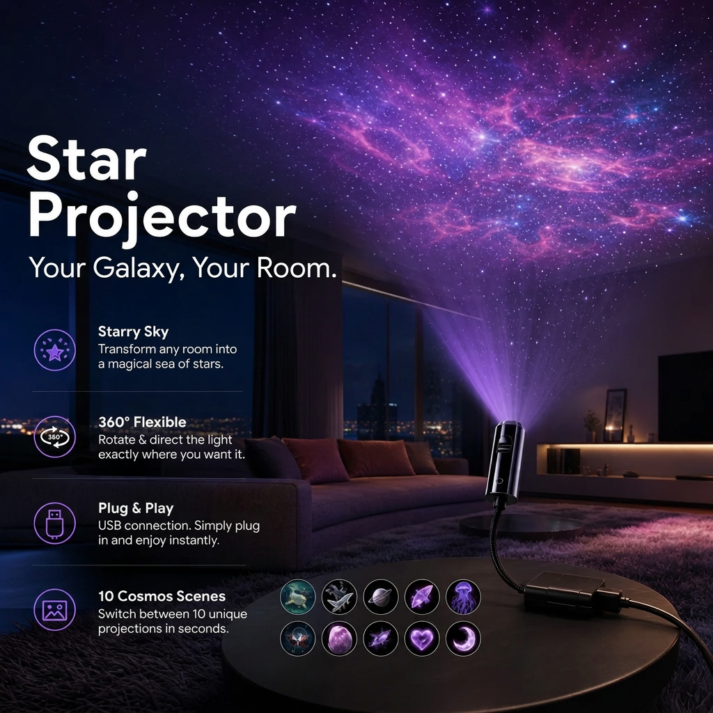 LED Galaxy Star Projector with 10 Slides and Flexible USB Arm 5
