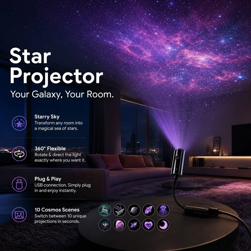 Star Projector Night Light with 10 Interchangeable Slides, USB Powered 5