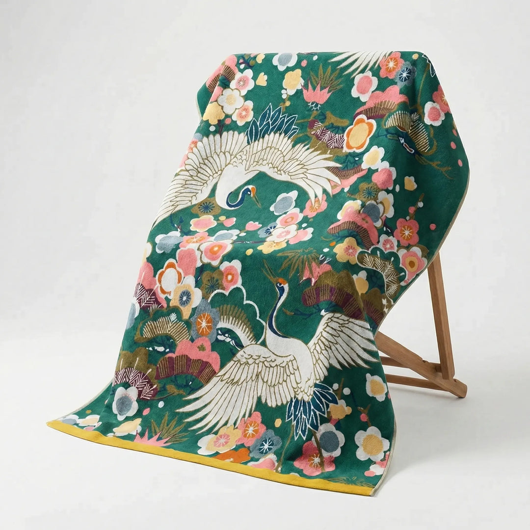 Large Printed Crane And Floral Towel - Cranvelo