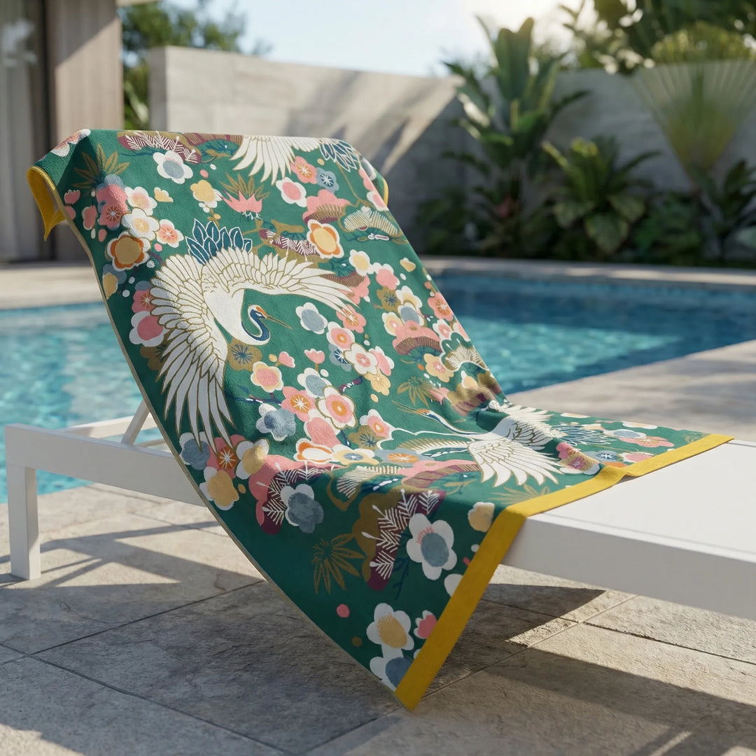 Large Printed Crane And Floral Towel - Cranvelo