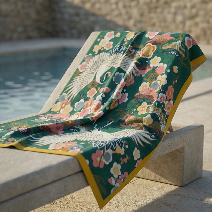Large Printed Crane And Floral Towel - Cranvelo